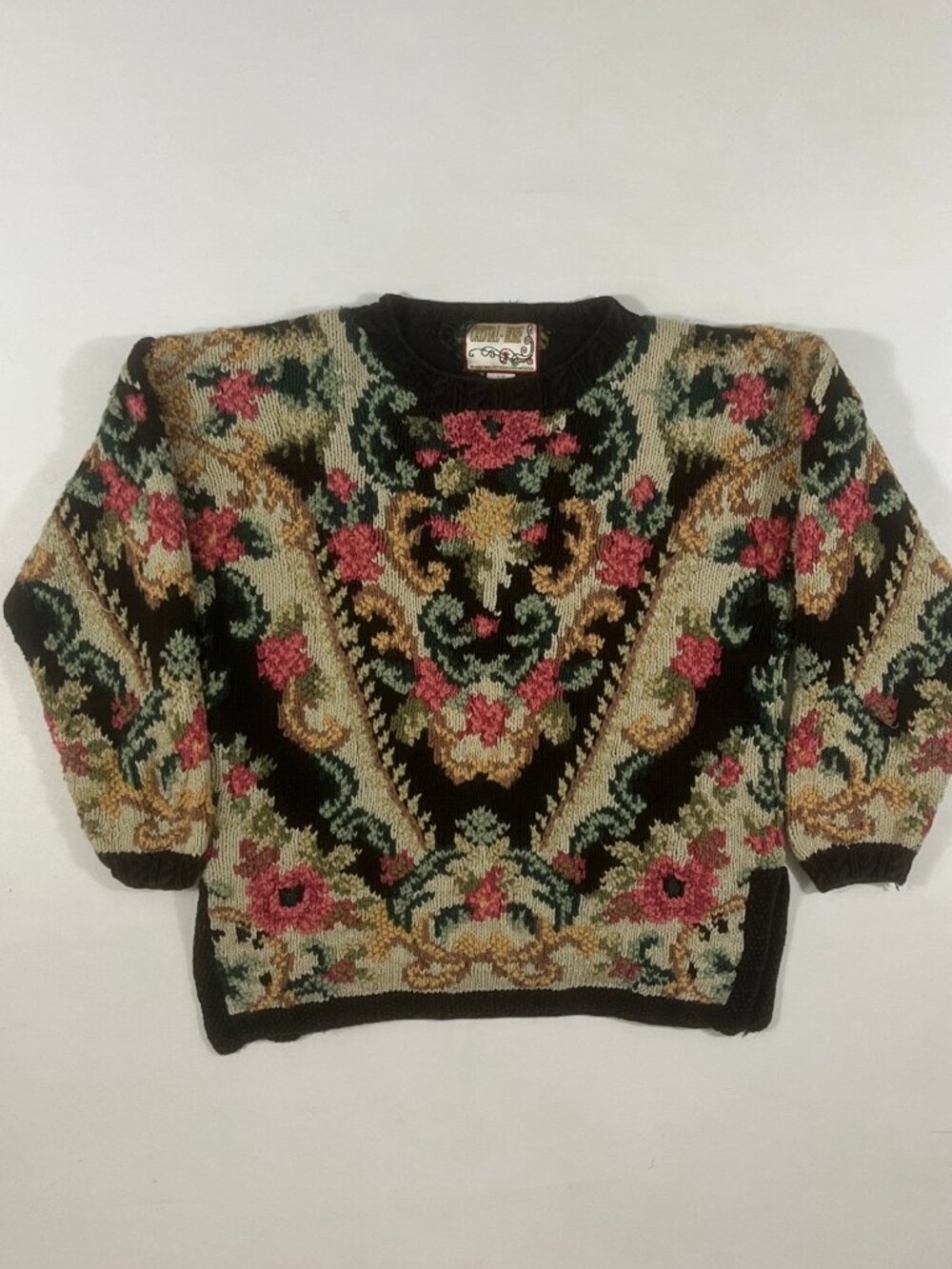 Vintage 90s Crystal-Kobe Black Floral Tapestry Knit Baroque Sweater S/P